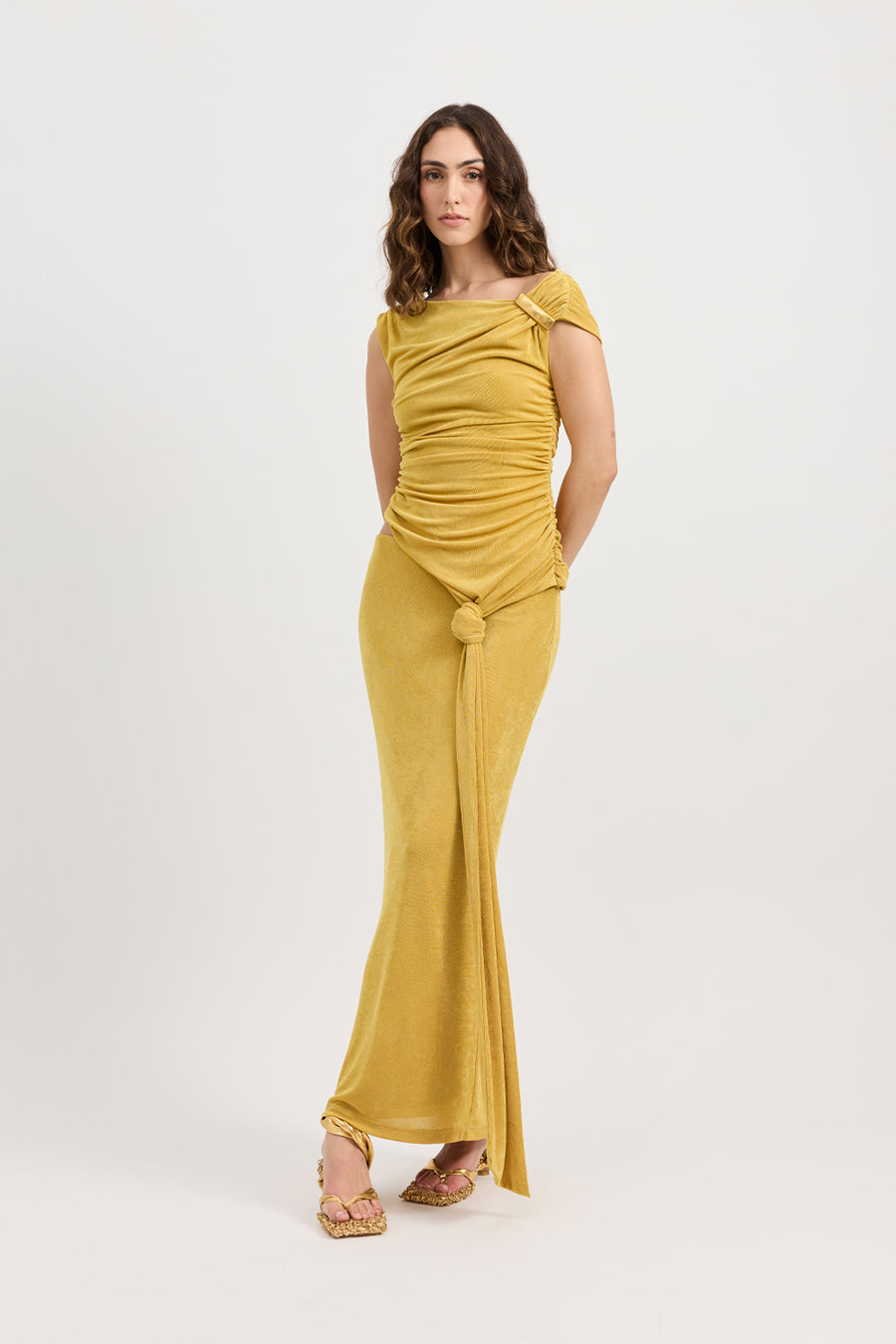 TOJH | Zoila Dress - Asymmetric Midi, Knot Design with Gold Hardware 14/Xl / Marigold TOJH | Zoila Dress - Asymmetric Midi, Knot Design with Gold Hardware 14/Xl / Marigold