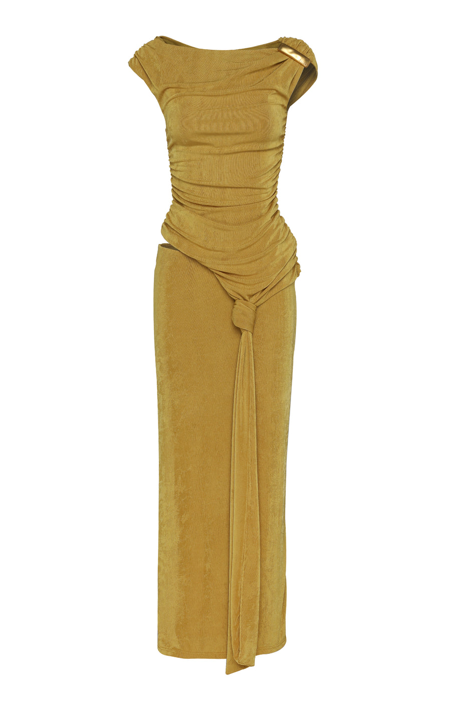 TOJH | Zoila Dress - Asymmetric Midi, Knot Design with Gold Hardware 14/Xl / Marigold TOJH | Zoila Dress - Asymmetric Midi, Knot Design with Gold Hardware 14/Xl / Marigold